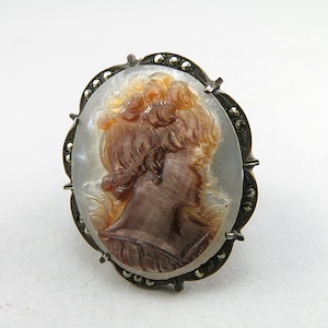 Vintage Cameo Pendant Brooch Carved Mother of Pearl Pendant On 800 Silver With Macasite Jewelry Vintage Jewelry