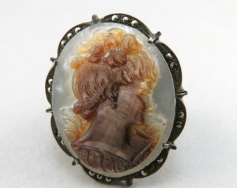 Vintage Cameo Pendant Brooch Carved Mother of Pearl Pendant On 800 Silver With Macasite Jewelry Vintage Jewelry