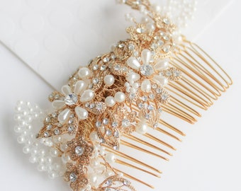 Crystal and Pearl Bridal Hair Comb | Gold and pearl wedding accessories | Hair Accessories for Brides | Bridal Headpiece | Crystal Comb