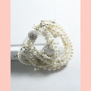 Pulseira de casamento de pérola Eliza, pulseira de cristal de noiva, pulseira de pérola em camadas, joias de dia de casamento, pulseira para noiva