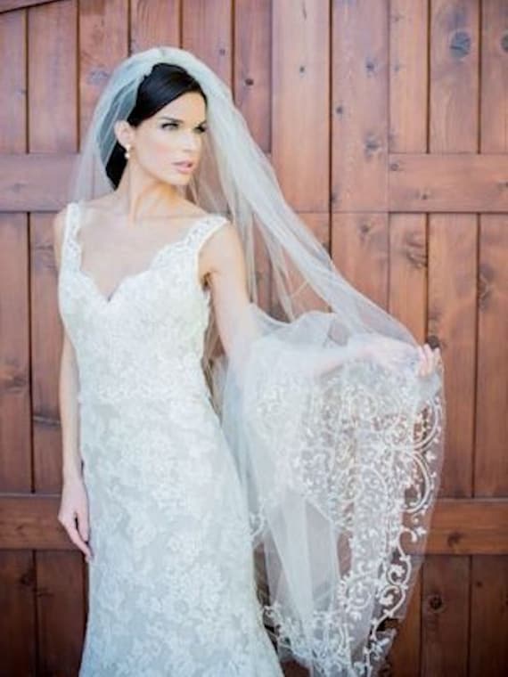 Fingertip Ivory Beaded Tulle Veil Delicate Beaded Edge Fingertip Veil | David main image 4