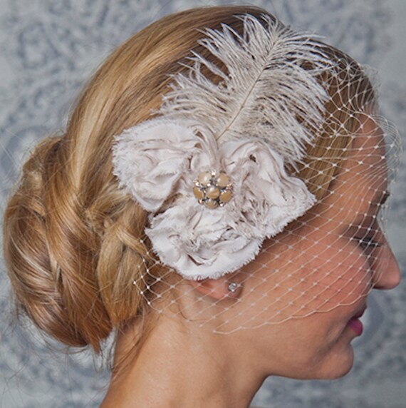 Ivory Feather Birdcage Veil | Vintage Moonstone Bridal Veil 