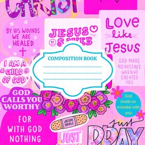 May include: A pink composition book with a collage design featuring religious phrases like "Love like Jesus" and "God's Love." The cover includes floral and decorative elements, with the words "Composition Book" in a central label.