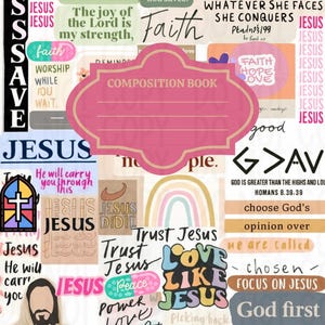 May include: A collage of inspirational text and graphics, including the word "Jesus" repeated multiple times. The design incorporates phrases like "Trust Jesus," "Love Like Jesus," and "God first," along with a pink composition book graphic.