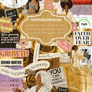 Puede incluir: Una portada de cuaderno de composición estilo collage con una combinación de colores dorados y marrones. La portada presenta ilustraciones de mujeres, texto como "Faith Over Fear" y las palabras "Love" y "Growth". El texto "I passed my driving test" también es visible.