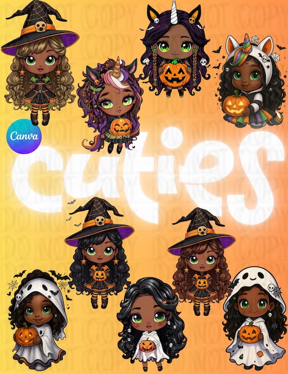 Adorable Chibi Halloween Girls | Digital Download | PNG Clipart for Sublimation, Stickers, DTG & Crafts