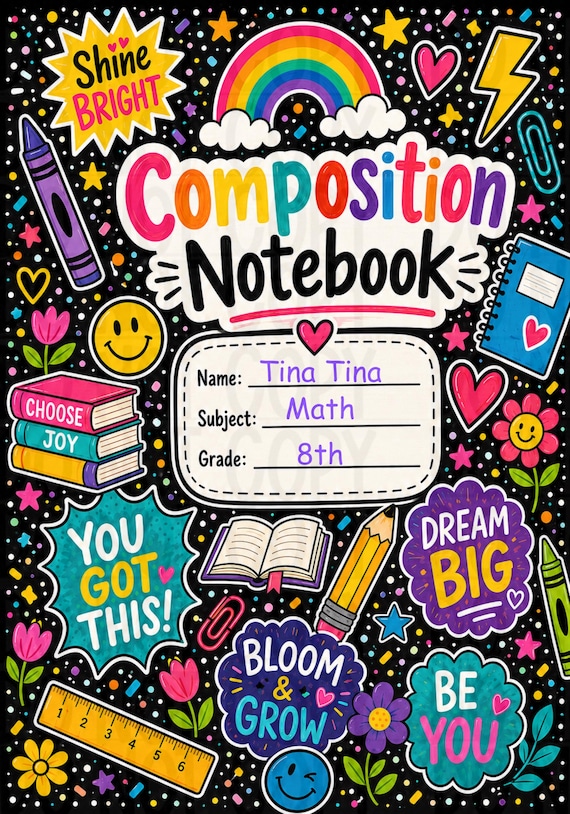 Canva Editable-Motivational Composition Notebook Cover, Teen Affirmation Journal, Back to School Printable Front & Back