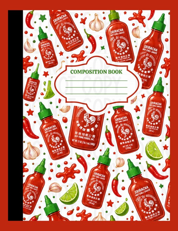 Sriracha Sauce Composition Notebook Cover | Editable Back-to-School Wraps (Canva PDF)