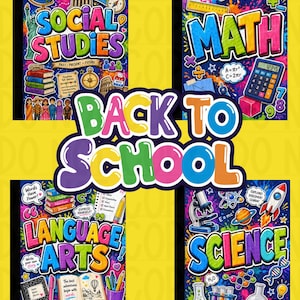 May include: A four-panel educational poster set titled BACK TO SCHOOL featuring colorful illustrations for Social Studies, Math, Language Arts, and Science. Each section includes subject-specific icons like globes, calculators, books, and beakers.