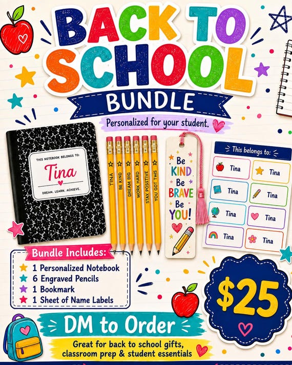 Personalized Back to School Bundle | Engraved Pencils, Notebook, Bookmark, Labels