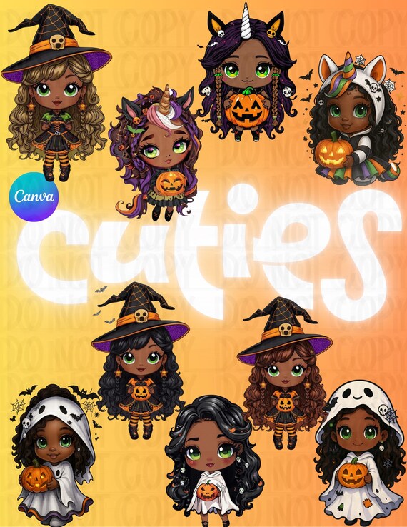Halloween Chibi Girls Clipart | Cute Witch, Ghost, Pumpkin | Digital Download PNG | Scrapbooking, Stickers, Sublimation, Planner Graphics