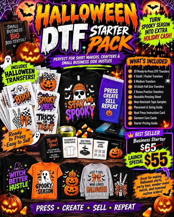 Halloween DTF Starter Pack | 20 Ready-to-Press Transfers (Business Kit)