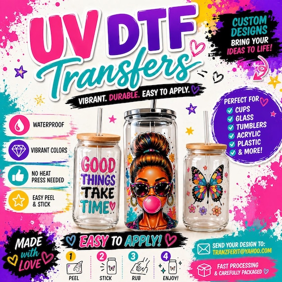 Custom UV DTF Transfer Decal | Waterproof Business Logo Sticker for Tumblers, Cups