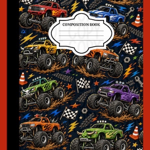 May include: A composition book featuring a dark background with a repeating pattern of colorful monster trucks, checkered flags, orange traffic cones, and lightning bolts. A white label with the text COMPOSITION BOOK is centered on the cover.