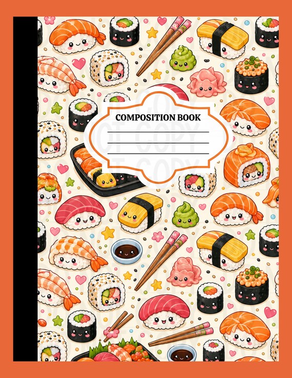 Sushi Composition Notebook Cover | Editable Back-to-School Wraps (Canva PDF)
