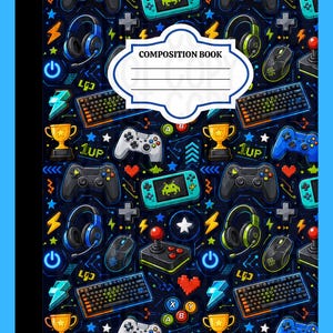 May include: A composition book featuring a dark blue background with a repeating pattern of gaming equipment including controllers, headsets, keyboards, mice, joysticks, trophies, and pixelated hearts. A white label with the text COMPOSITION BOOK.