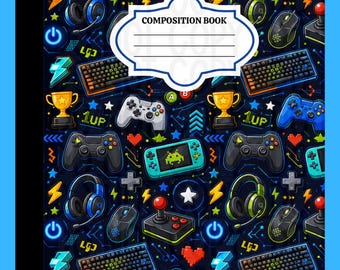 May include: A composition book featuring a dark blue background with a repeating pattern of gaming equipment including controllers, headsets, keyboards, mice, joysticks, trophies, and pixelated hearts. A white label with the text COMPOSITION BOOK.