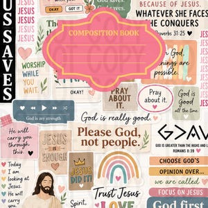 May include: A collection of religious-themed stickers featuring various phrases like Jesus Saves, Pray, and God is Good, alongside illustrations of a rainbow, flowers, and a figure of Jesus, all arranged around a central pink composition book label.