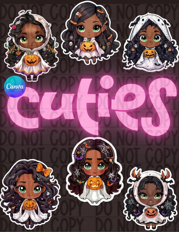 Halloween Chibi Girls Clipart | Cute Witch, Ghost, Pumpkin | Digital Download PNG | Scrapbooking, Stickers, Sublimation, Planner Graphics