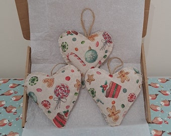 Set of 3 Christmas Sweets & Treats Rustic Heart Decorations Letterbox Friendly Gift Handmade Christmas Hanging Decoration