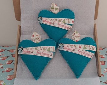 Set of 3 Christmas Felt Heart Decorations Blue Merry Christmas Owl Ribbon Owl Buttons Letterbox Friendly Gift Handmade