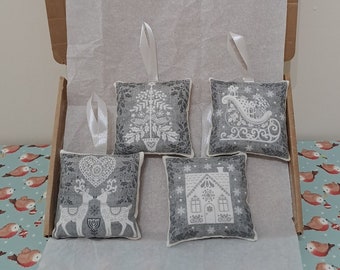 Set of 4 Grey & White Christmas Designs Decorations Letterbox Friendly Gift Handmade Christmas Soft Pillow Hanging Decorations Silver Set 2