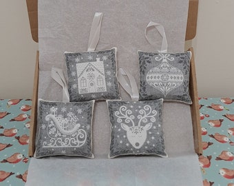 Set of 4 Grey & White Christmas Designs Decorations Letterbox Friendly Gift Handmade Christmas Soft Pillow Hanging Decorations Silver Set 3