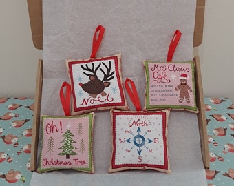 Set of 4 Fun Bright Christmas Designs Decorations Letterbox Friendly Gift Handmade Christmas Soft Pillow Hanging Decorations Set 2