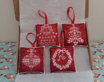 Set of 4 Red & White Christmas Designs Decorations Letterbox Friendly Gift Handmade Christmas Soft Pillow Hanging Decorations Set 2