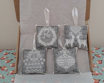 Set of 4 Grey & White Christmas Designs Decorations Letterbox Friendly Gift Handmade Christmas Soft Pillow Hanging Decorations Silver Set 6