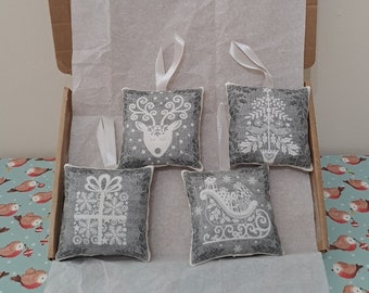 Set of 4 Grey & White Christmas Designs Decorations Letterbox Friendly Gift Handmade Christmas Soft Pillow Hanging Decorations Silver Set 1