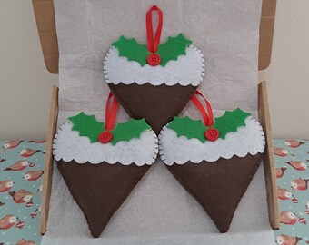 Set of 3 Christmas Pudding Design Felt Heart Decorations Letterbox Friendly Gift Handmade