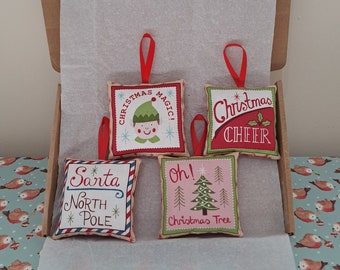 Set of 4 Fun Bright Christmas Designs Decorations Letterbox Friendly Gift Handmade Christmas Soft Pillow Hanging Decorations Set 7