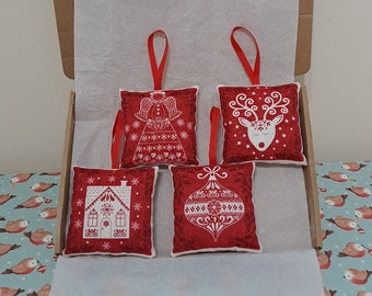 Set of 4 Red & White Christmas Designs Decorations Letterbox Friendly Gift Handmade Christmas Soft Pillow Hanging Decorations Set 4