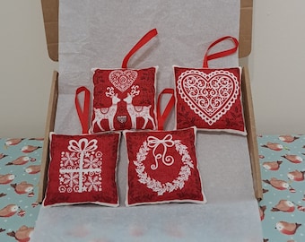 Set of 4 Red & White Christmas Designs Decorations Letterbox Friendly Gift Handmade Christmas Soft Pillow Hanging Decorations Set 3