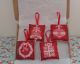 Set of 4 Red & White Christmas Designs Decorations Letterbox Friendly Gift Handmade Christmas Soft Pillow Hanging Decorations Set 1