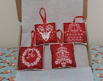 Set of 4 Red & White Christmas Designs Decorations Letterbox Friendly Gift Handmade Christmas Soft Pillow Hanging Decorations Set 5