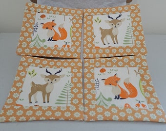 Set of 4 Fabric Mug Rugs Fox & Deer Letterbox Friendly Gift Handmade Coasters Orange Flowers Floral