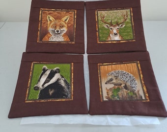 Set of 4 Wildlife Fabric Mug Rugs Badger, Deer, Fox & Hedgehog Letterbox Friendly Gift Handmade Coasters