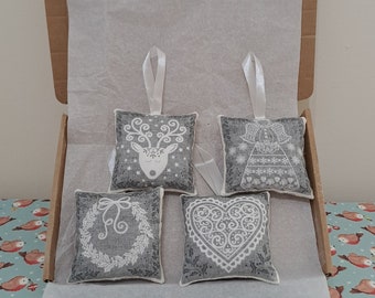 Set of 4 Grey & White Christmas Designs Decorations Letterbox Friendly Gift Handmade Christmas Soft Pillow Hanging Decorations Silver Set 4