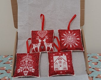 Set of 4 Red & White Christmas Designs Decorations Letterbox Friendly Gift Handmade Christmas Soft Pillow Hanging Decorations Set 6