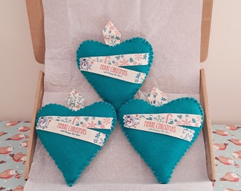 Set of 3 Christmas Felt Heart Decorations Blue Merry Christmas Ribbon Snowman Buttons Letterbox Friendly Gift Handmade