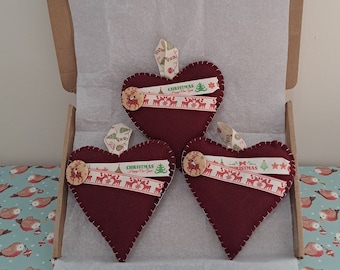 Set of 3 Christmas Felt Heart Decorations Burgundy Stag Deer Ribbon & Button Letterbox Friendly Gift Handmade