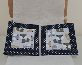 Set of 2 Fabric Mug Rugs Fox Design Dark Blue/White Polka Dot Letterbox Friendly Gift Handmade Coasters