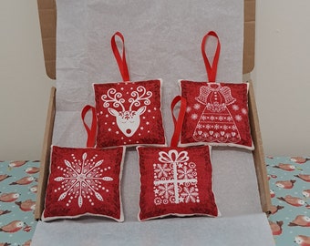 Set of 4 Red & White Christmas Designs Decorations Letterbox Friendly Gift Handmade Christmas Soft Pillow Hanging Decorations Set 7