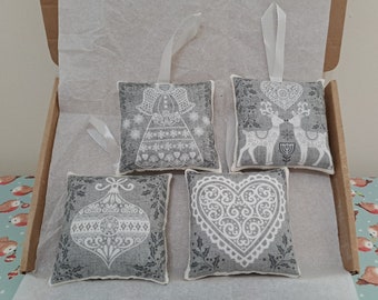 Set of 4 Grey & White Christmas Designs Decorations Letterbox Friendly Gift Handmade Christmas Soft Pillow Hanging Decorations Silver Set 5