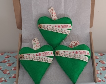 Set of 3 Christmas Felt Heart Decorations Green Elf Dwarf Ribbon Elf Buttons Letterbox Friendly Gift Handmade Santa's Elves Dwarves