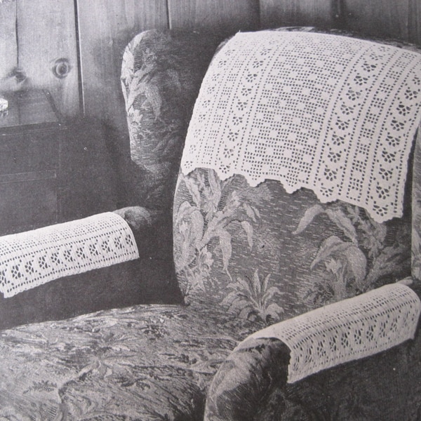 Crochet Pattern - Antimacassar - Checker Filet Chair Set - Headrest and Arm Rest - Vintage Pattern