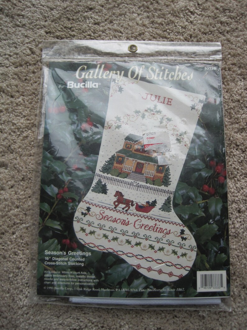 NEW NIP Cross Stitch Kit 16 by Bucilla Christmas Stocking Seasons Greetings Vintage 1993