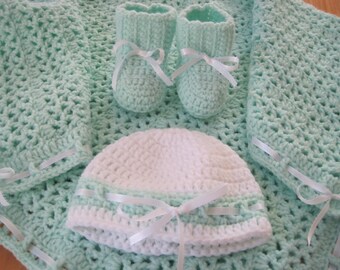 Crocheted Layette 3-piece set - Hat, Booties and Blanket - Mint Green - Newborn